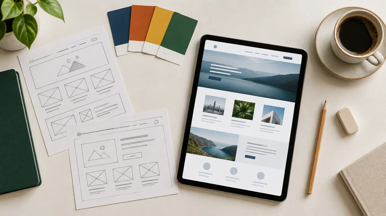 Website wireframe sketches, colour swatches and a tablet showing a business website layout