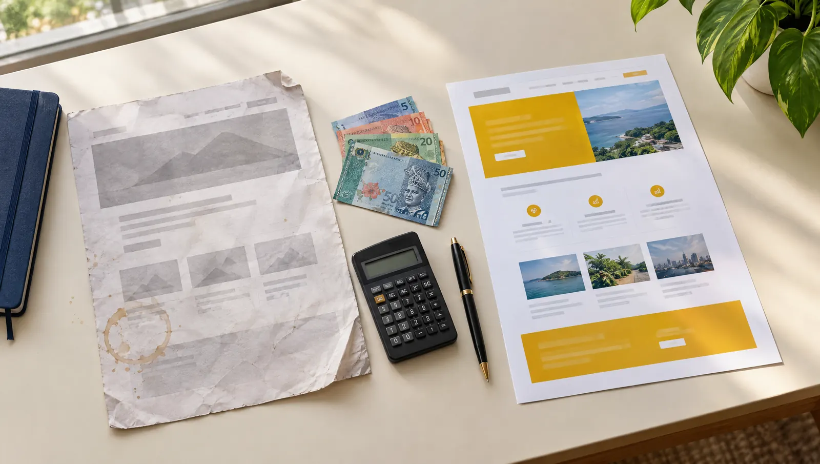 Dua reka bentuk website bercetak di atas meja, satu lusuh dan ringkas, satu kemas dan moden, dengan duit ringgit dan kalkulator