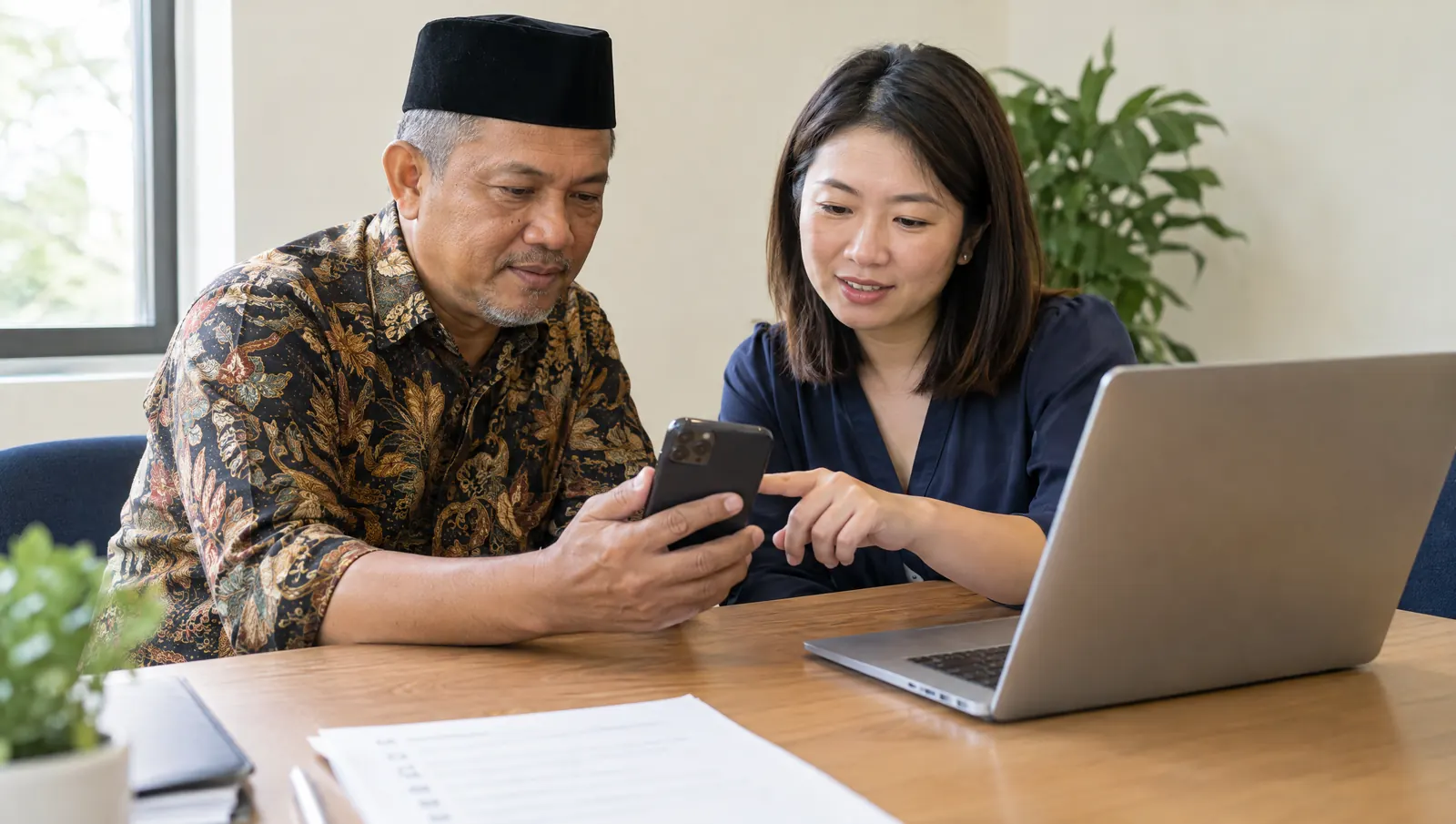 Pemilik perniagaan Malaysia dan web designer menyemak website di telefon bersama-sama