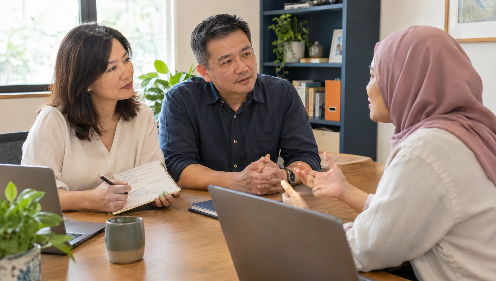 Pasangan pemilik perniagaan Malaysia menemu duga seorang freelance web designer di pejabat mereka