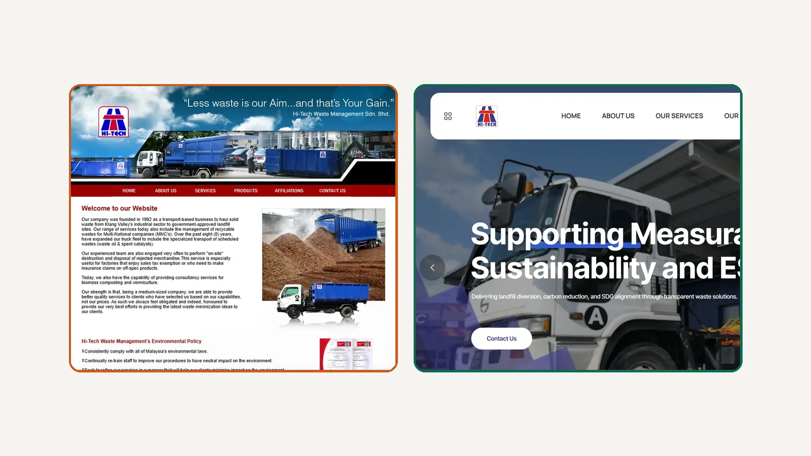 Website lama dan baru Hitech Waste bersebelahan, sebelum dan selepas revamp oleh Lucian Yong
