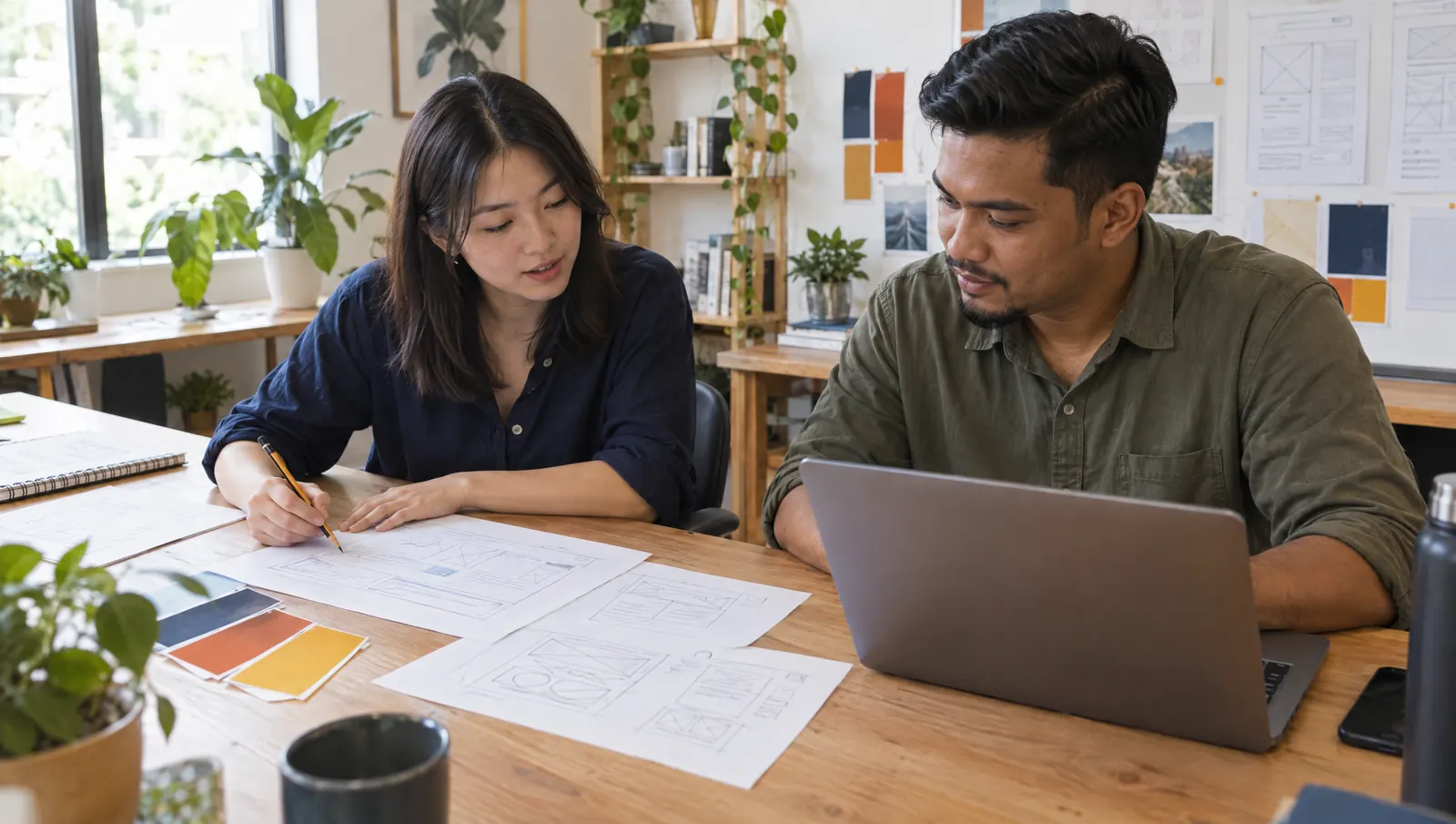 Web designer melakar layout dan web developer di laptop bekerja bersama di satu meja