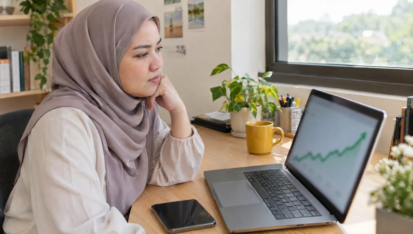 Pemilik perniagaan Malaysia melihat jumlah pelawat website di laptop sementara telefonnya senyap