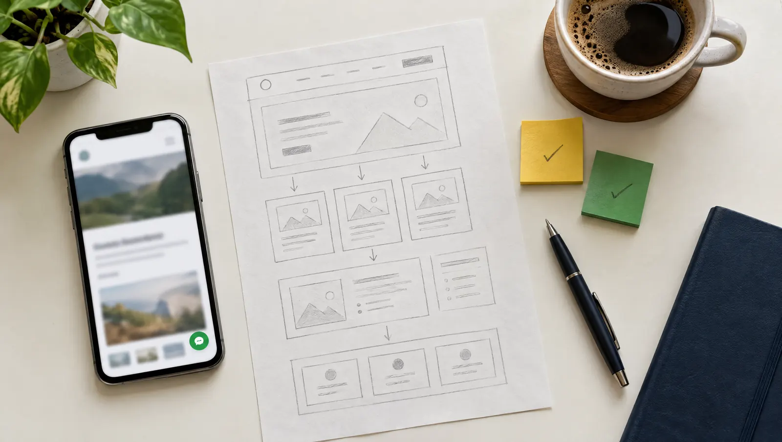 Pelan website dilakar di atas kertas di sebelah telefon, kopi dan nota lekat bertanda