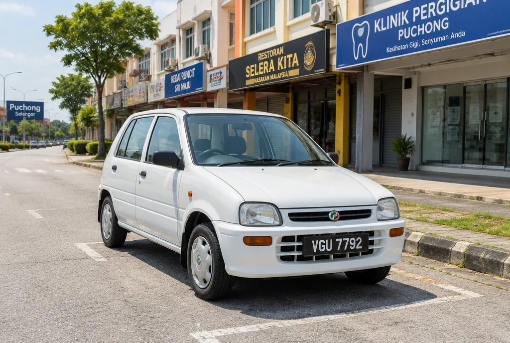 A white Perodua Kancil with plate number VGU 7792, parked in front of shophouses