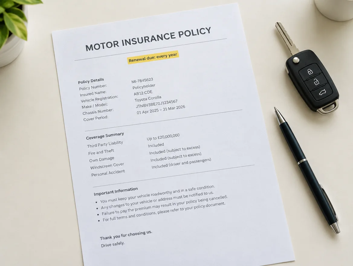 A motor insurance policy with a renewal reminder and a car key