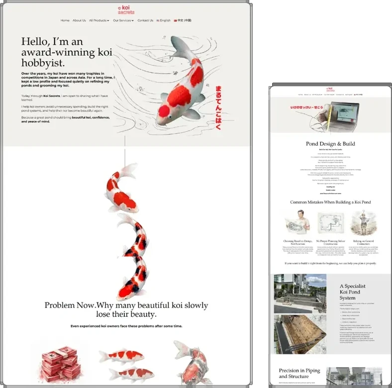 Koi Secrets website design (koi fish farm) by Lucian Yong, freelance web designer