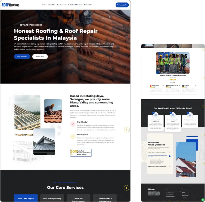 Roof Solutions website design (roofing company) by Lucian Yong, freelance web designer