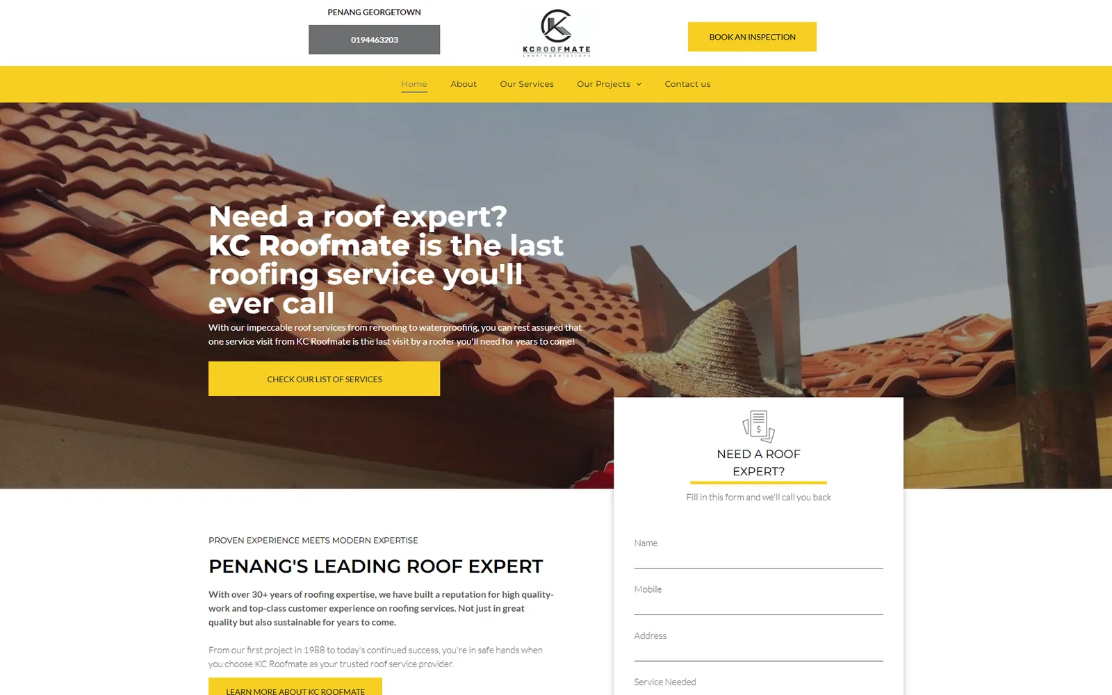 KC Roofmate website before the redesign