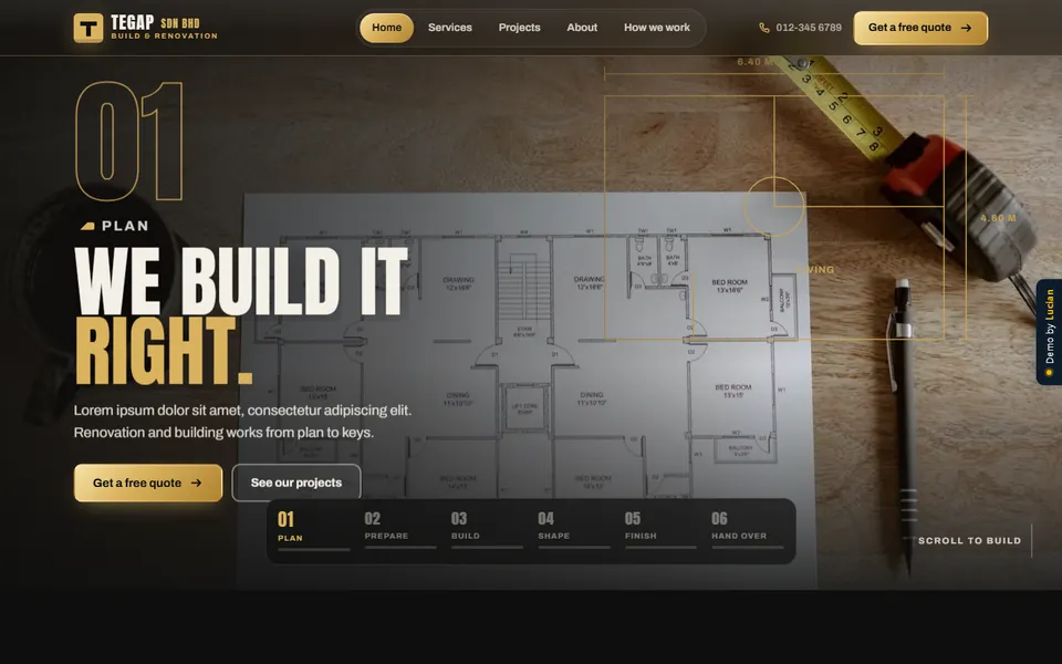 Templat website Pembinaan & Renovasi, skrin pertama demo