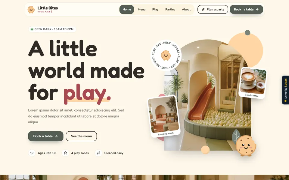 Templat website Kafe Kanak-kanak, skrin pertama demo