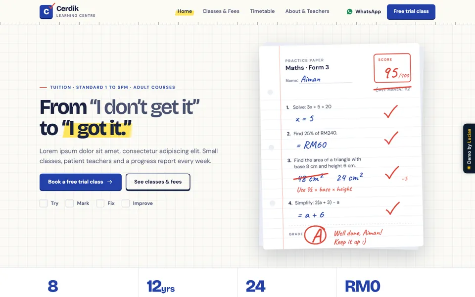 Templat website Pusat Tuisyen & Latihan, skrin pertama demo
