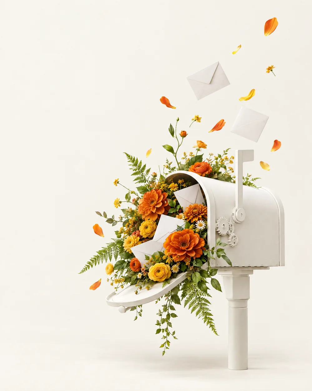 A white mailbox overflowing with flowers and envelopes: a website that brings in enquiries